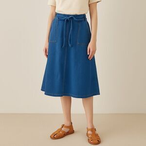 Kancy Kole A-Line Denim Midi Skirt Blue Tie Waist Utility Pockets Size Medium M